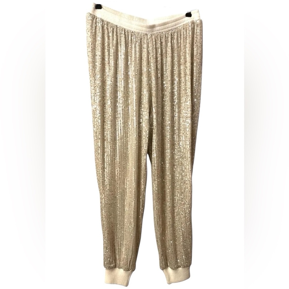 NWT Calligraphie Gold Sequins High Waisted Jogger Pants, Size Large